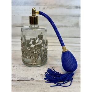Vintage Perfume Atomizer Bottle Silverplate Rose Overlay Blue Tassel Glass 5”
